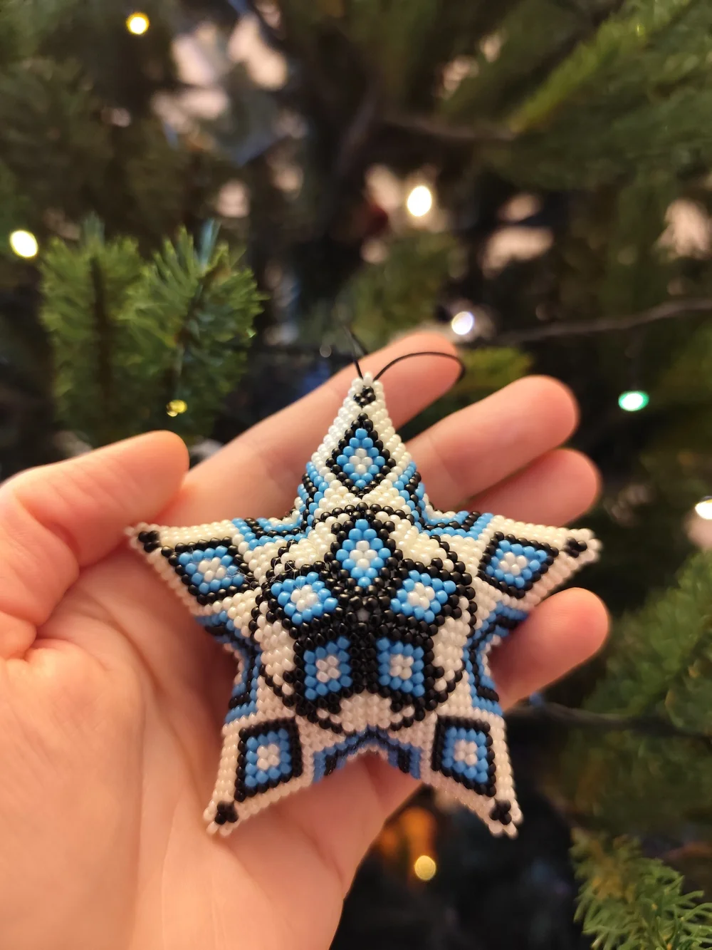 Blue, White & Black Beaded Star Ornament - Holiday Tree Accent